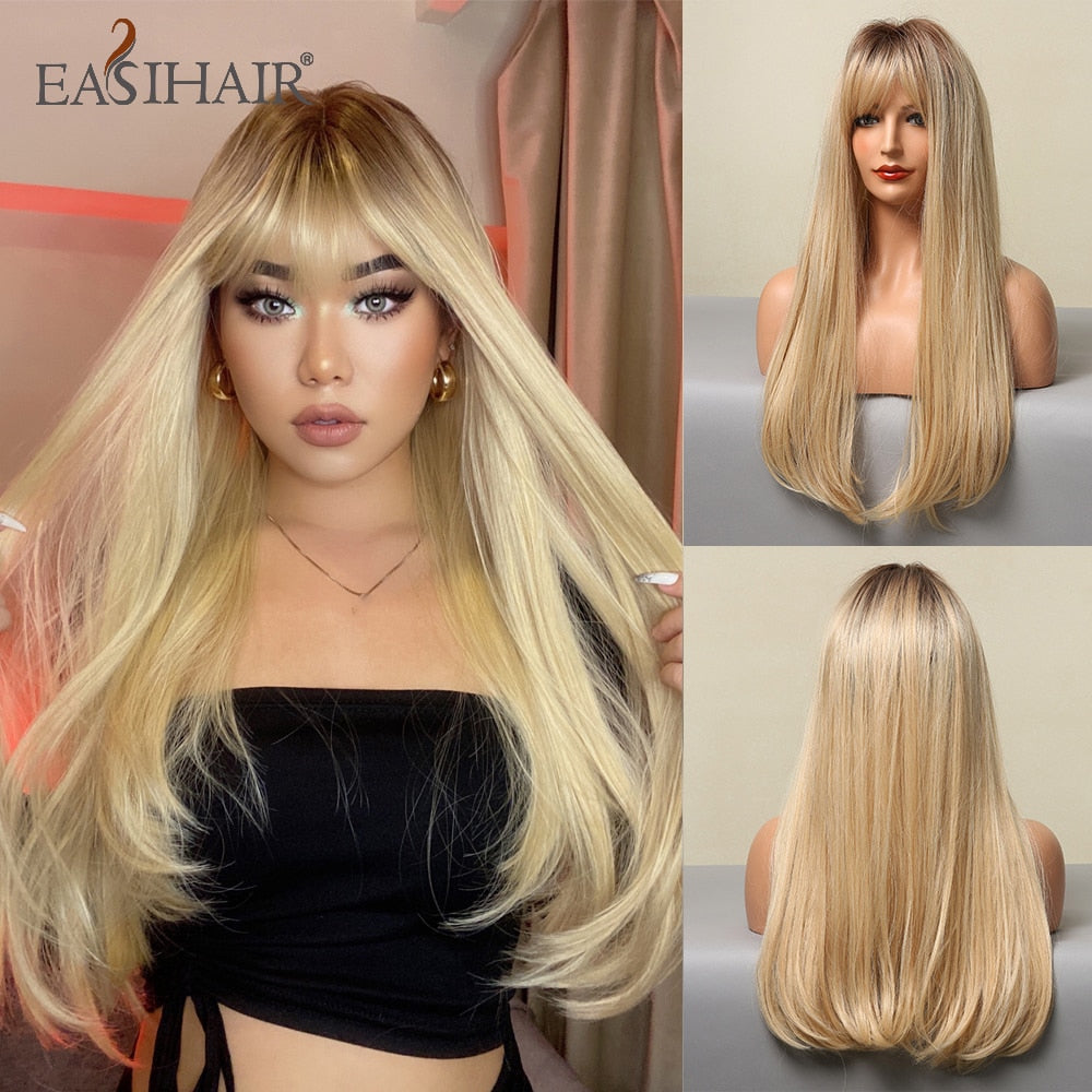 Long Straight Bangs Wigs Natural Ombre Dark Brown Synthetic Hair Wig for Women Daily Cosplay Party Heat Resistant Fiber