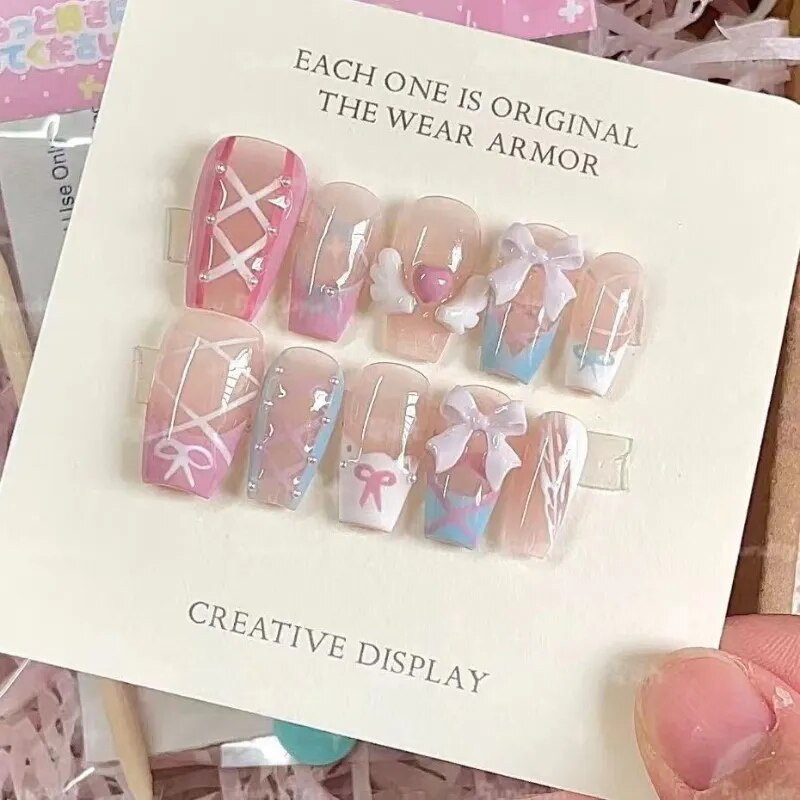 10 Piece For Set White Bow French Style fake nail patch Fairy Dreamy Cute Long T False Nail Art Finished Press On Wearable Nail