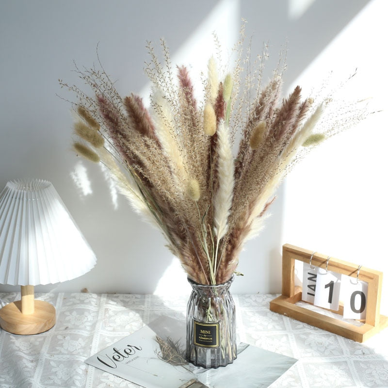 80PCS Natural Dried Pampa Grass Bouquet Boho Home Decor Bouquet Phragmites Dried Flowers Bouquet for Wedding Ramadan Decoration