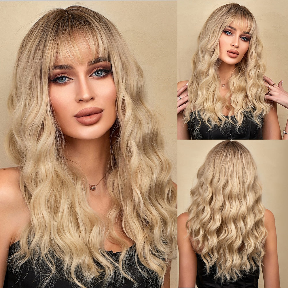 Synthetic Ombre brown to Light Blonde Hair Wig with Bangs Natural Wavy Wig for Women Cosplay Heat Resistant Fiber Wigs