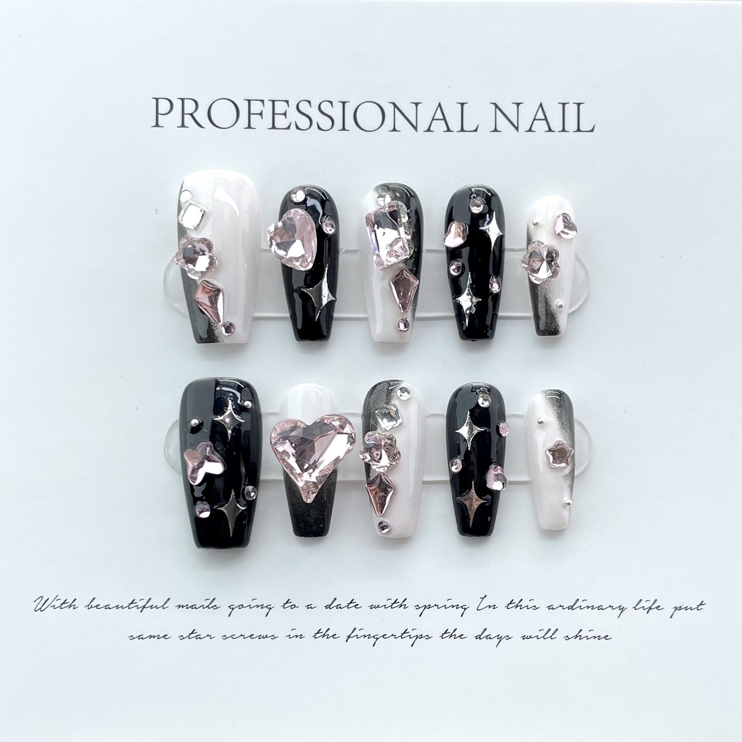 10Pcs Black Y2k False Nails Ballet Handmade Fake Nail Full Cover Nail Tips Wearable Professional Press on Nails with Rhinestone