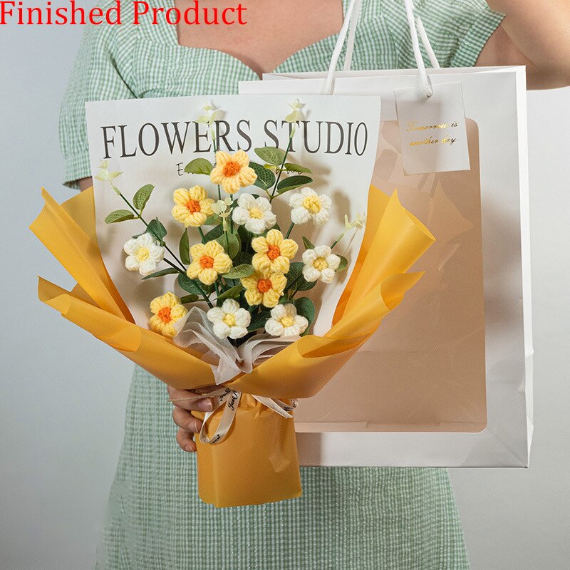 Finished Product Knitting Flowers Rose Tulip Fake Flowers Bouquet Wedding Decoration Hand-woven Home Decorate Knit Flower Gifts