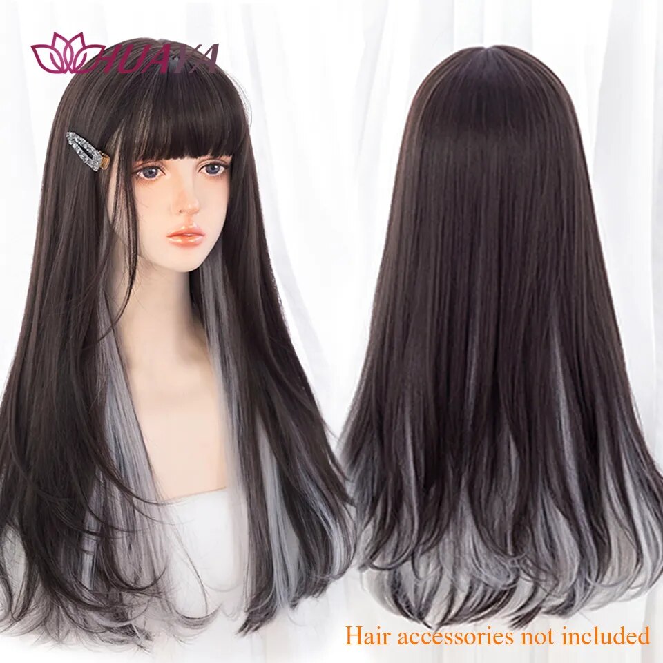 Long Straight Wig with Bangs Purple-White Heat Resistant Synthetic Hair Wigs for African American Girl Lolita Cosplay Wig