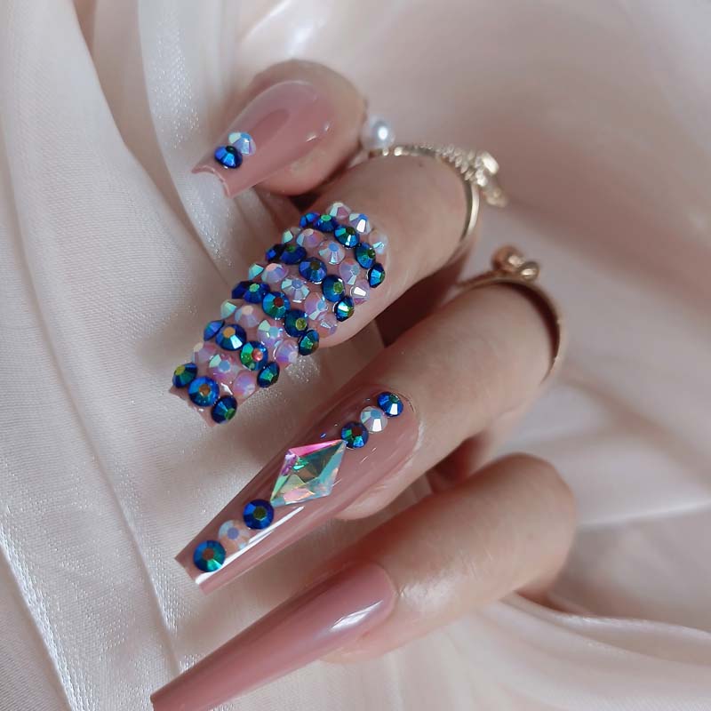 24pcs luxury jewelry long ballet coffin fake nails crystal diamond Transparent