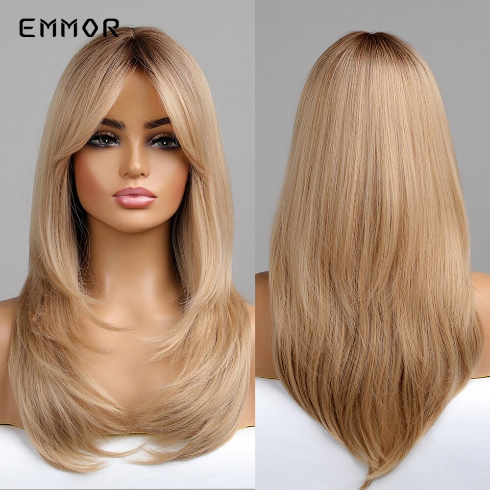 Synthetic Wigs Ombre Pink Brown Wig With Bangs Layered Hair Cosplay Daily Party Natural Heat Resistant Wigs for Women