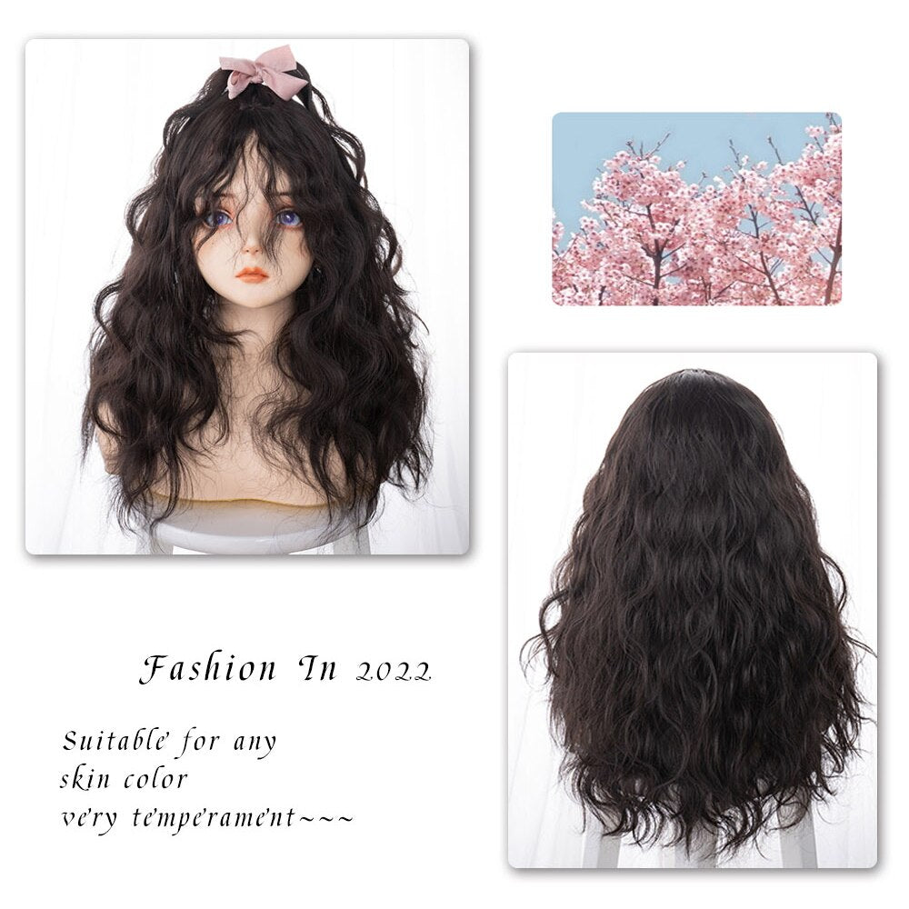 Brown Black Gold Wool Roll Synthetic Wig For Women Long Roll Wig Bangs Cosplay Party Heat Resistant Hair