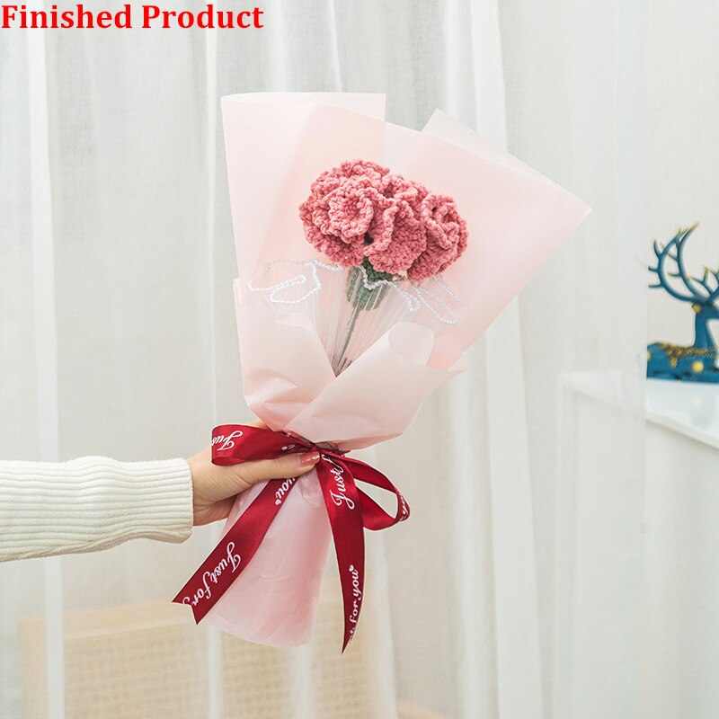 Knitting Flowers Rose Tulip Artificial Fake Flowers Bouquet Wedding Decoration Hand-woven Home Decorate Knit Fake Flower Gifts