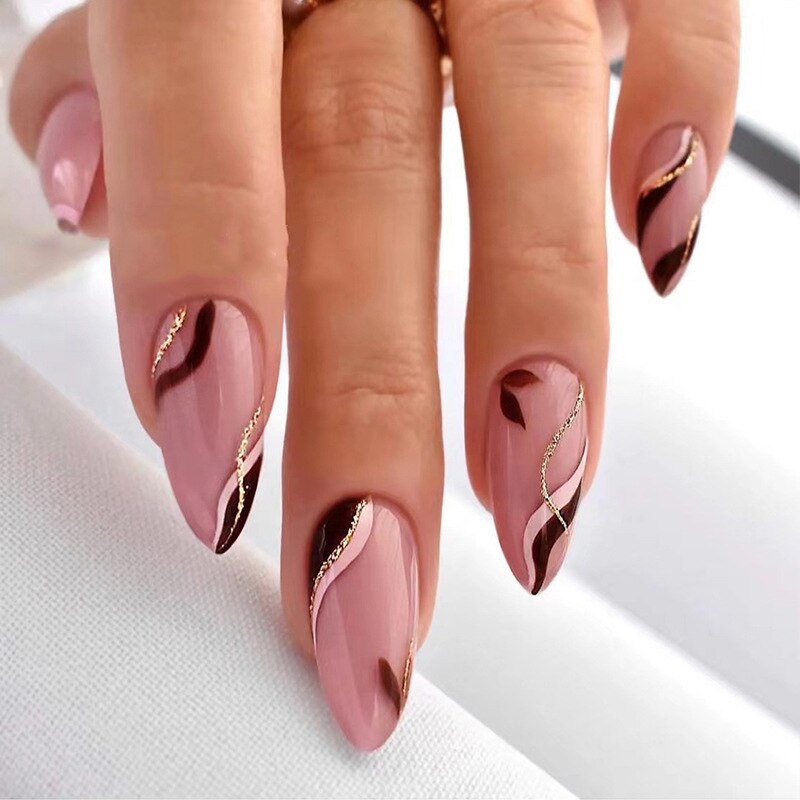 24pcs Almond Full Cover y2k black Sweet Fake Nails with glue cool Stiletto press on nails French artificial Nails With designs