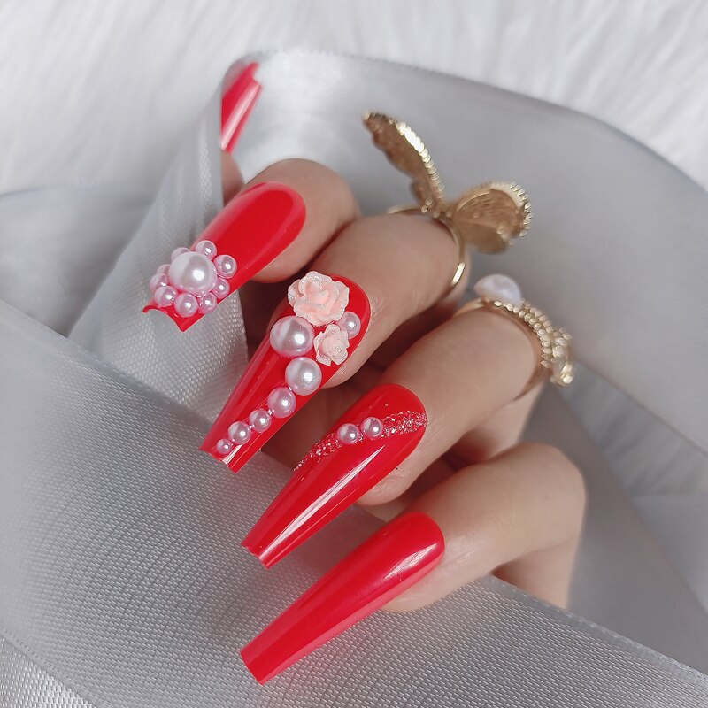 24pcs luxury jewelry long ballet coffin fake nails crystal diamond Transparent