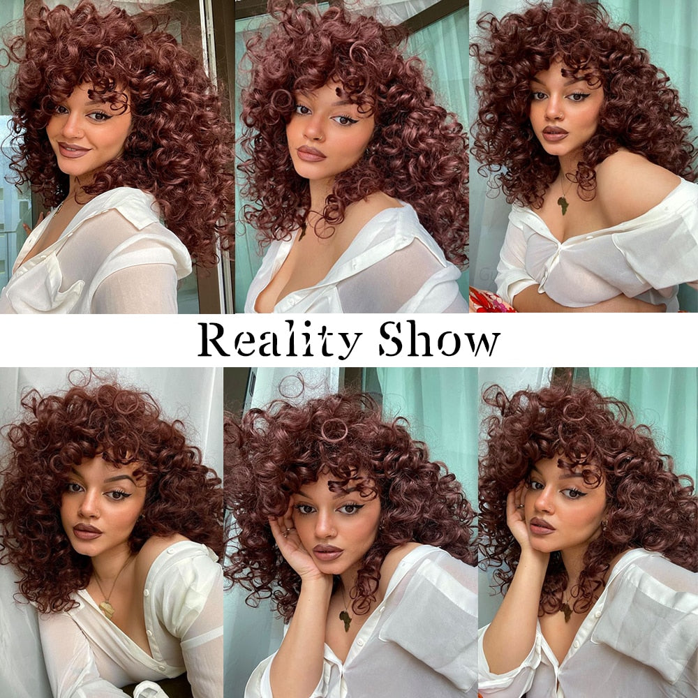Red Brown Curly wigs with Bangs Natural Synthetic Long Wavy Wigs for Women Afro Cosplay Daily Heat Resistant Hair Wig