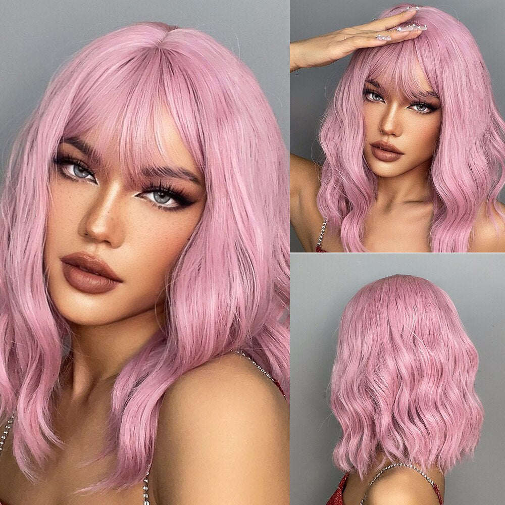 Grey Wavy Bob Wigs With Bangs Short Blonde Wavy Bob With Dark Roots