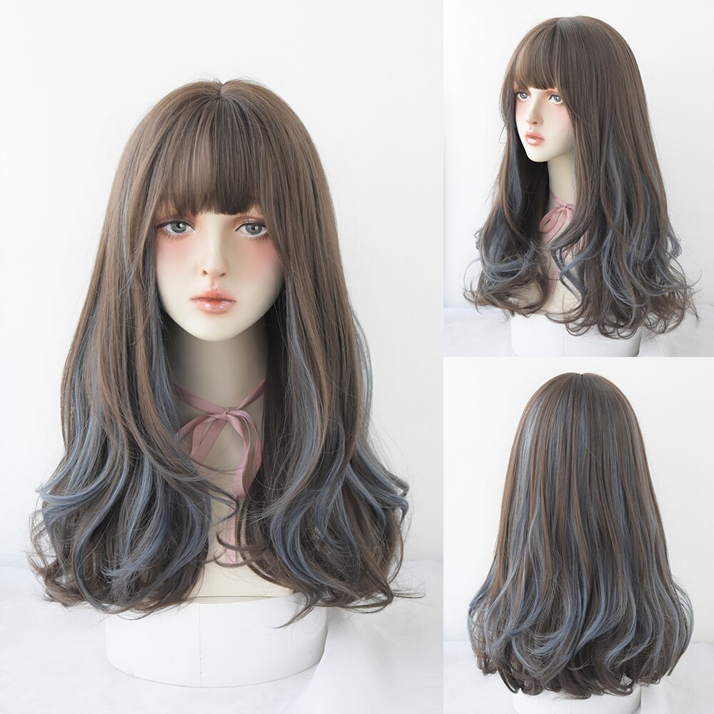 Long Curly Hair Women Wig with Bangs Daily Brown Black Pink Lolita Cosplay Braided Wigs Heat Resistant Fiber