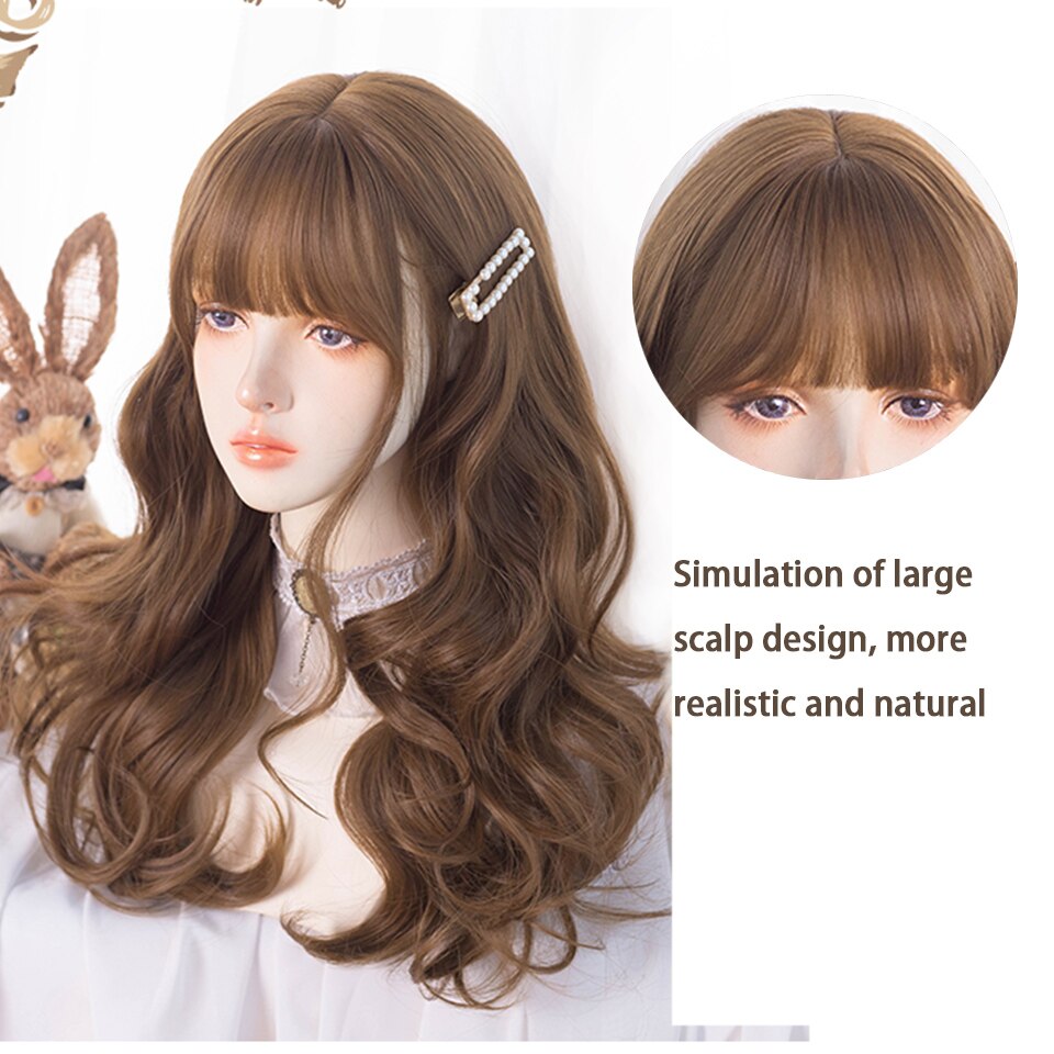 Synthetic long wavy curly hair female cold brown black cosplay Lolita pink purple blue wig heat-resistant bangs