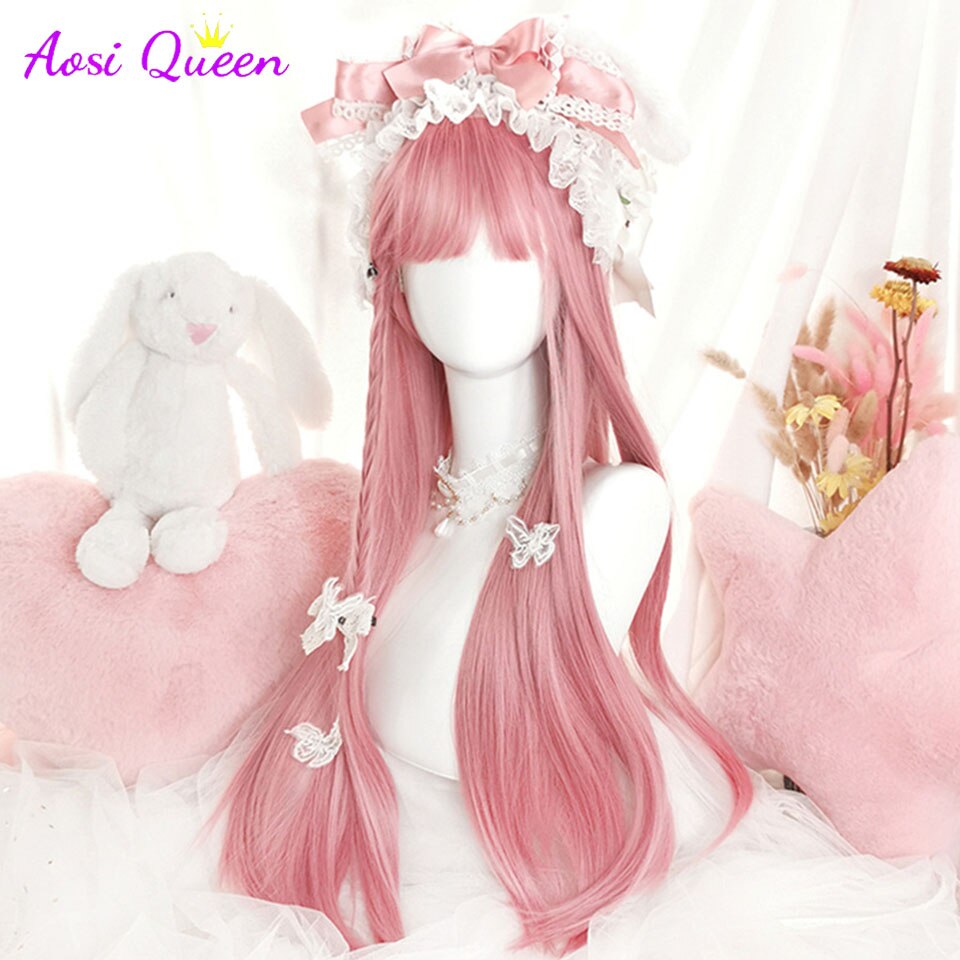 Cosplay Wig With Bangs Synthetic Straight Hair 24 Inch Long Heat-Resistant Pink Wig For Women