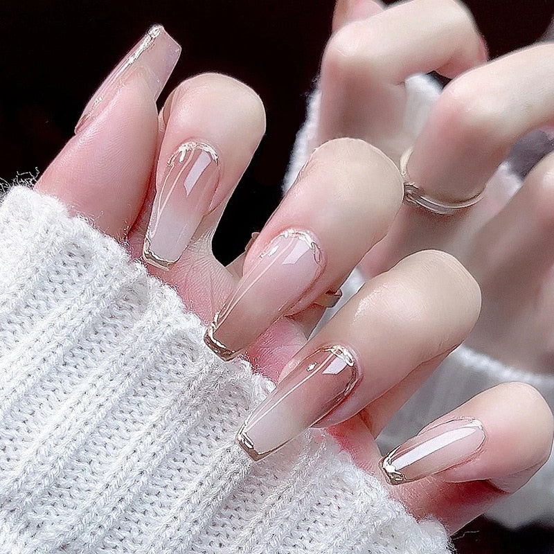 24pcs pink clouds design false nails with glue press on nails medium length acrylic nails coffin full cover nails tips supplies