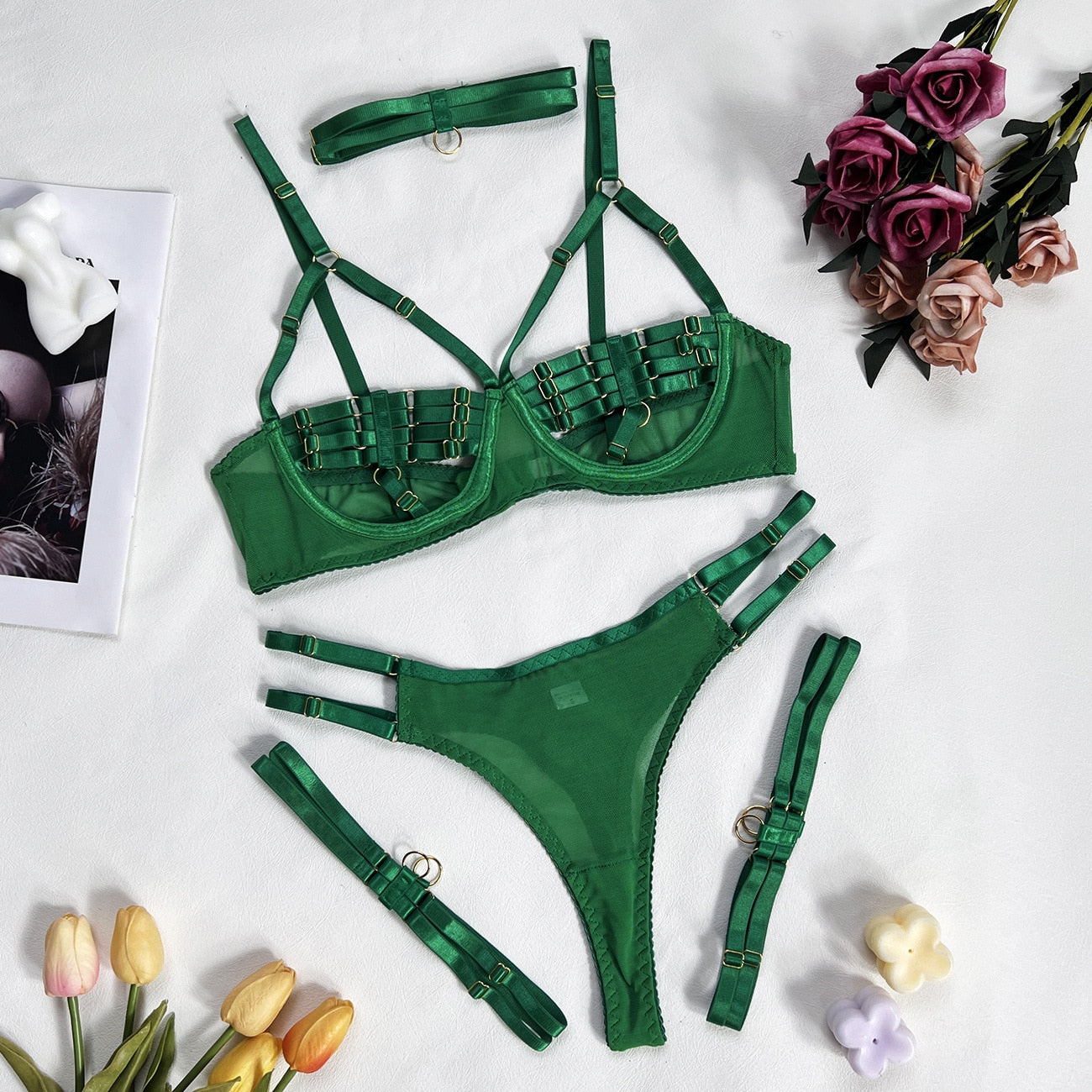 Sexy Lingerie Naked Women Without Censorship 5-Piece Sexy Costume Hollow Underwear Uncensored Sensual Open Bra Outfits