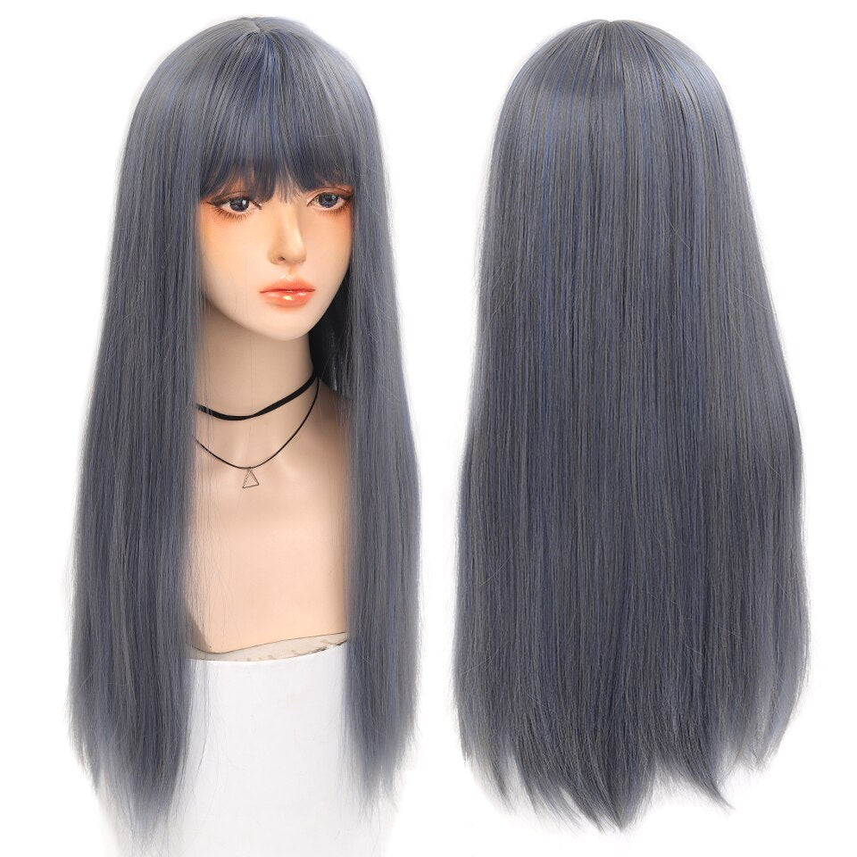 Long straight hair synthetic wig girl pink white gradient bangs cosplay Lolita party heat-resistant wigs