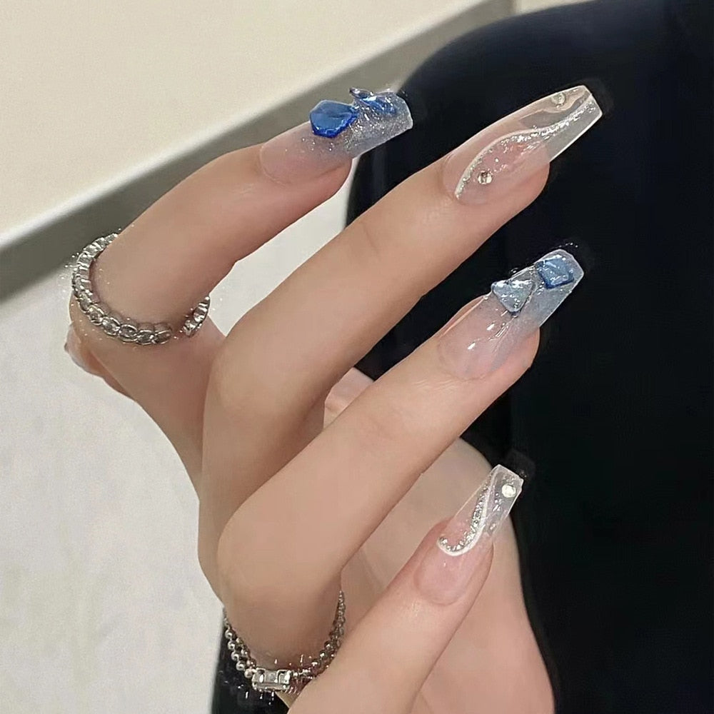 24pcs Butterfly decorated false nails Removable Long Paragraph Manicure fake nail tips full cover acrylic for girls nail