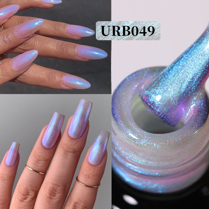 Aurora Rubber Gel Nail Iridescent Pearl Effect Metallic Mirror Nails Manicure Soak Off UV LED No Wipe Top Coat Base Gel