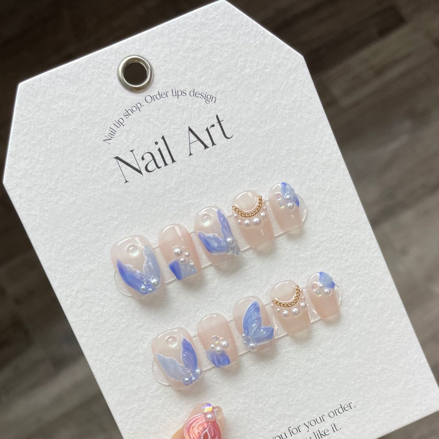 Fishtail Style Handmade Fake Nail Pink And  Blue With Pearls Medium T-shaped Removable And Reuse Press On Nail Sticker With Glue