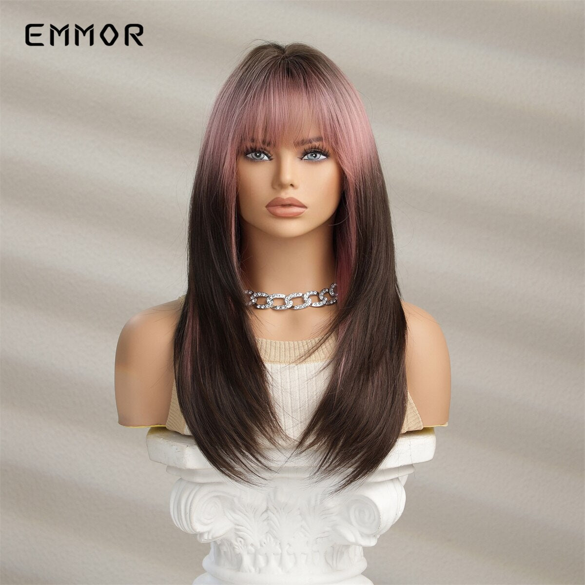 Synthetic Wigs Ombre Pink Brown Wig With Bangs Layered Hair Cosplay Daily Party Natural Heat Resistant Wigs for Women
