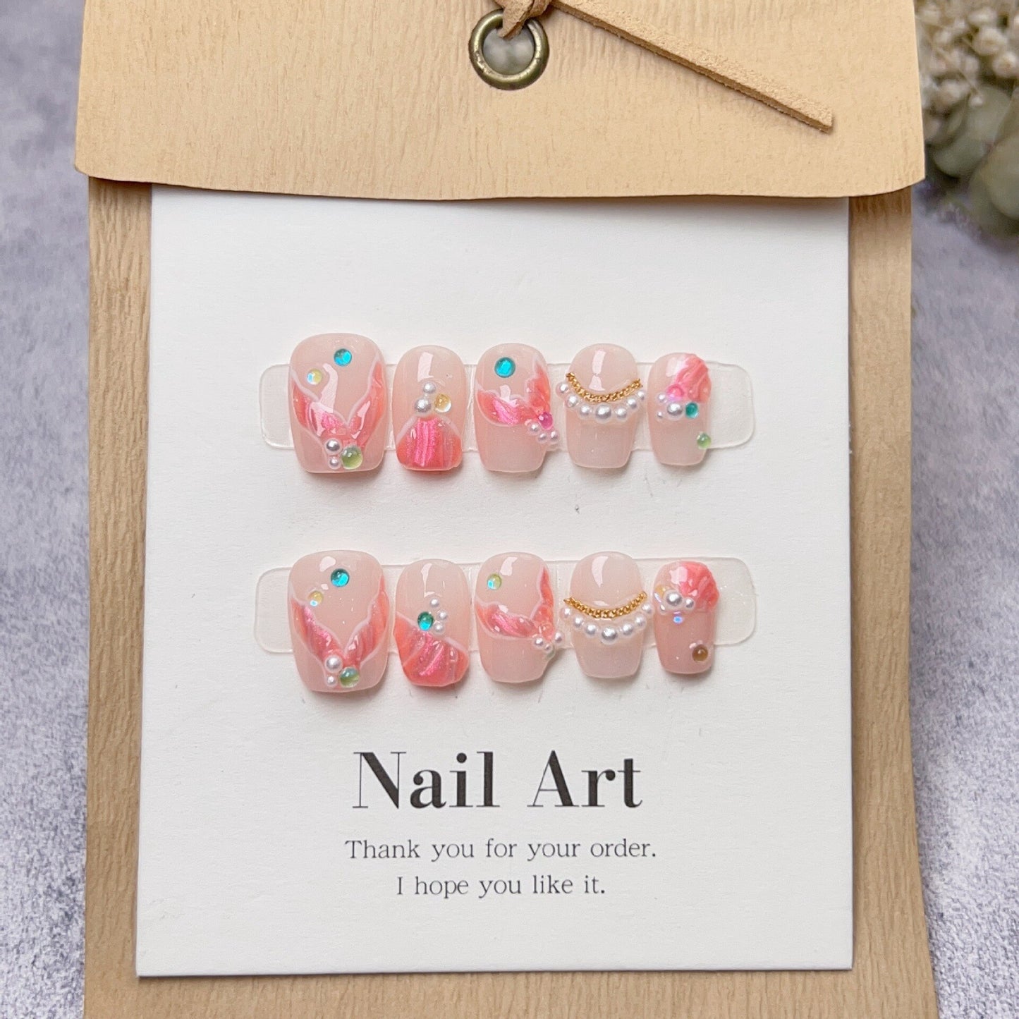 Fishtail Style Handmade Fake Nail Pink And  Blue With Pearls Medium T-shaped Removable And Reuse Press On Nail Sticker With Glue