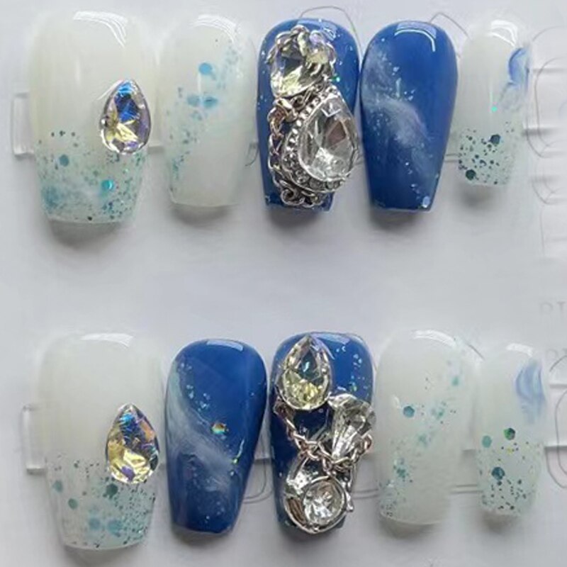 Blue Whale Handmade Wearable Fake Nails Mermaid Ocean Wearing Nails Sticker Reusable Press On Nail Patches Decoration