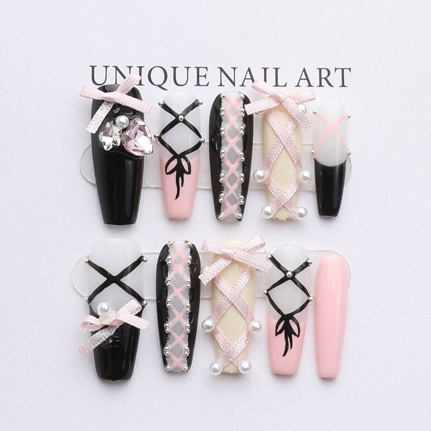 10 Piece For Set White Bow French Style fake nail patch Fairy Dreamy Cute Long T False Nail Art Finished Press On Wearable Nail