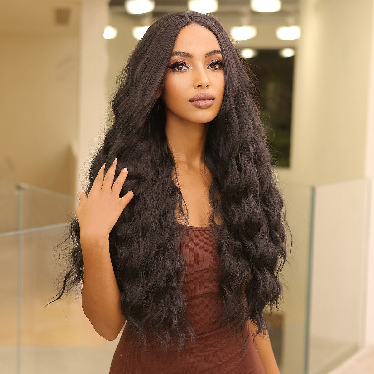 13x4Long Curly Wavy Lace Front Synthetic Wigs Dark Black Brown Deep Wave Lace Wigs Natural Cosplay Futura Hair