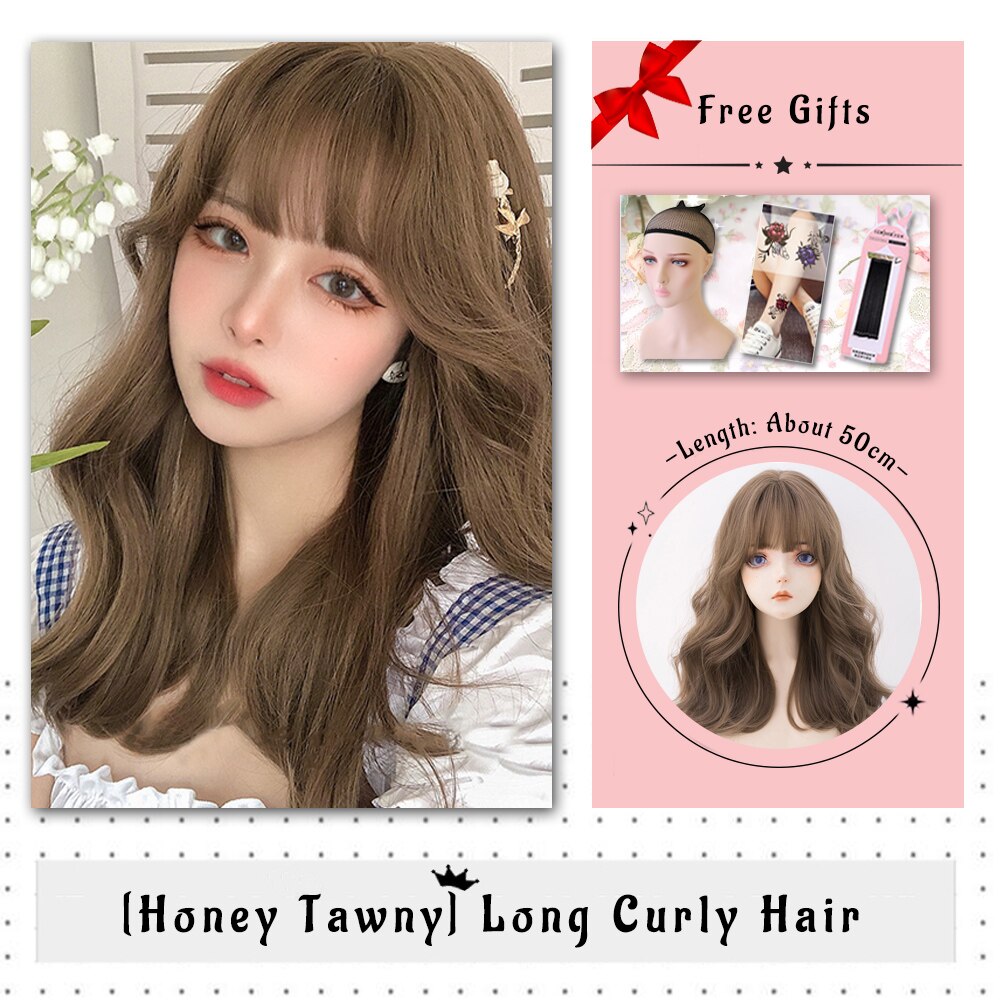 Brown Black Gold Wool Roll Synthetic Wig For Women Long Roll Wig Bangs Cosplay Party Heat Resistant Hair