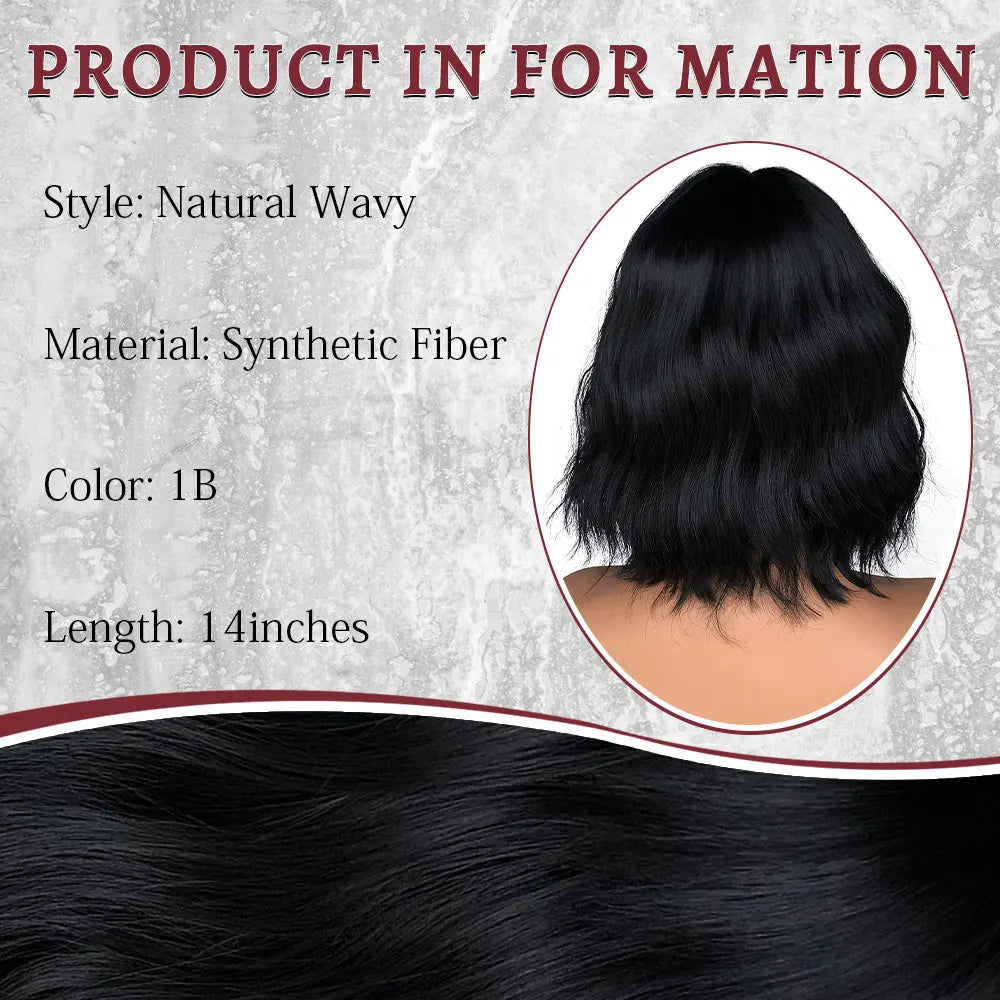 Black Wavy Wigs with Bangs Short Black Bob Wigs for Women Synthetic Natural Looking Heat Resistant Fiber Hair