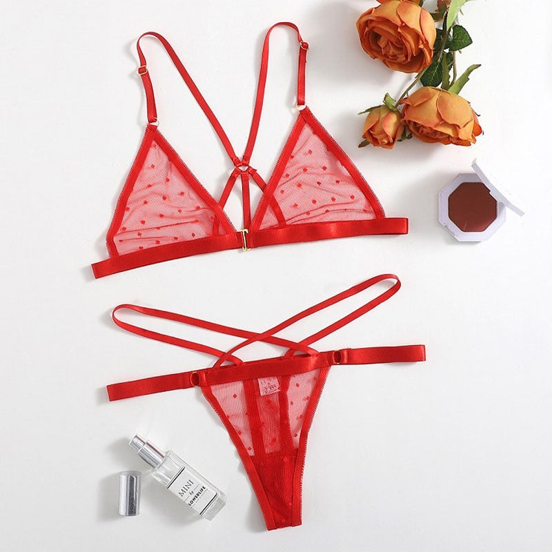 Women Lace Sensual Lingerie Set Sexy Dot Thong Erotic Underwear Mesh See Through Heart Ring Bra Bandage G-string Panties Suit