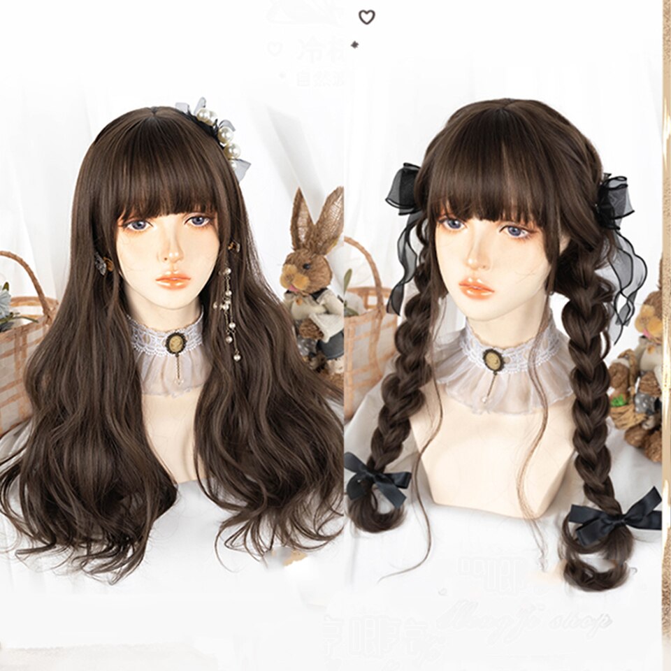 Synthetic long wavy curly hair female cold brown black cosplay Lolita pink purple blue wig heat-resistant bangs