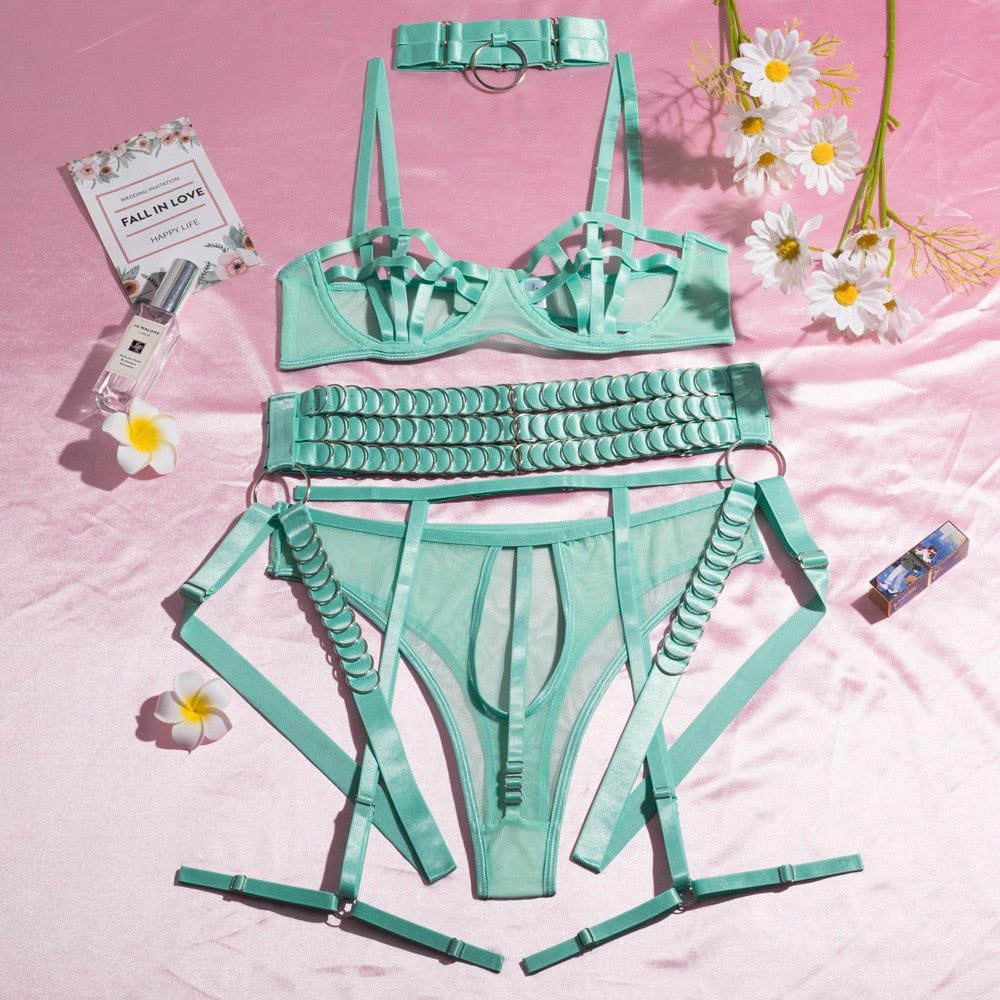 Sensual Lingerie Hollow Bra Sexy Underwear Women Body Garter Belt With Rings Naked Without Censorship 3-Piece