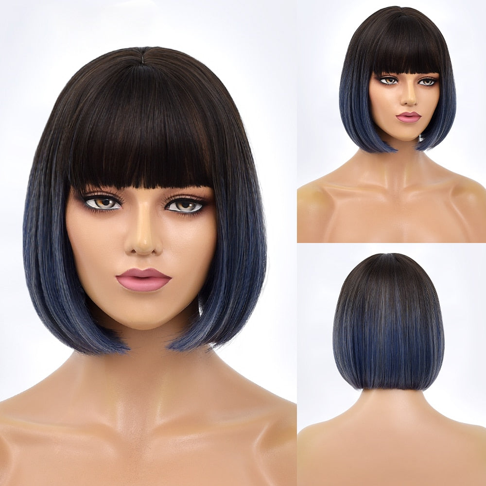 Blonde Red Short Bob Wig Synthetic Wig For Women With Bangs Lolita Cosplay Party Natural Hair Heat Resistant Fiber Wigs
