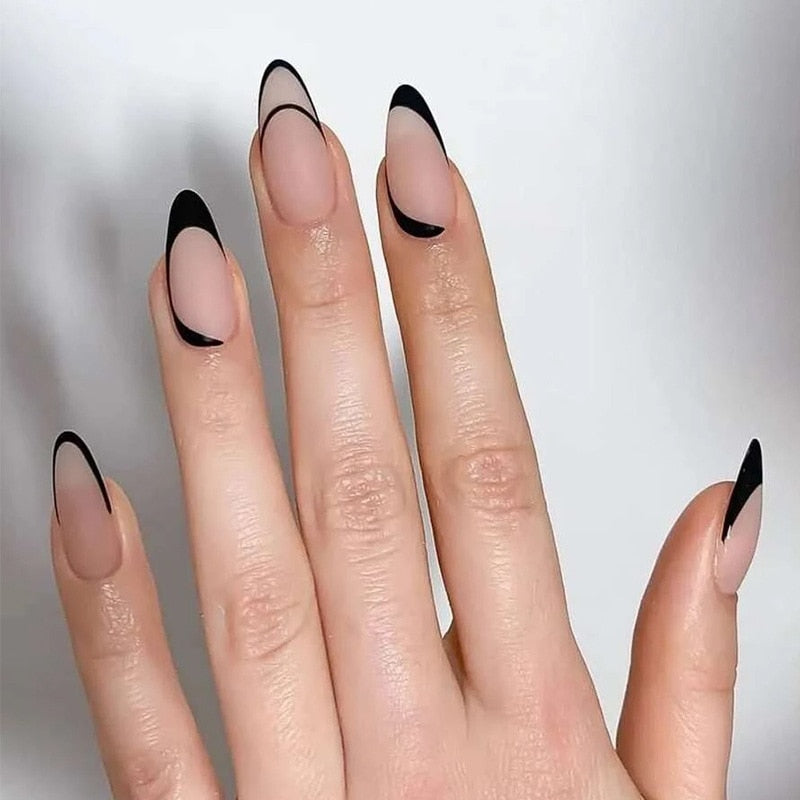 24pcs Almond Full Cover y2k black Sweet Fake Nails with glue cool Stiletto press on nails French artificial Nails With designs