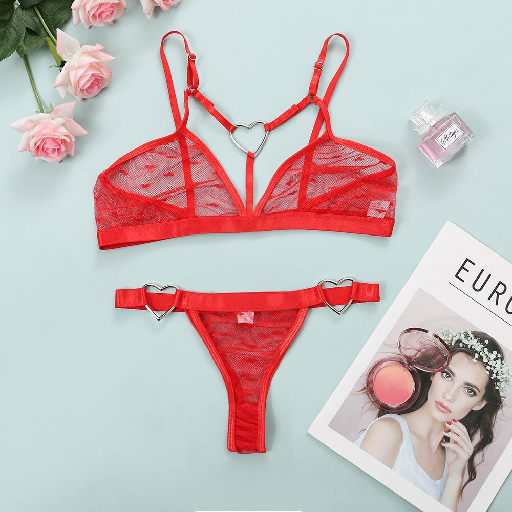 Women Lace Sensual Lingerie Set Sexy Dot Thong Erotic Underwear Mesh See Through Heart Ring Bra Bandage G-string Panties Suit