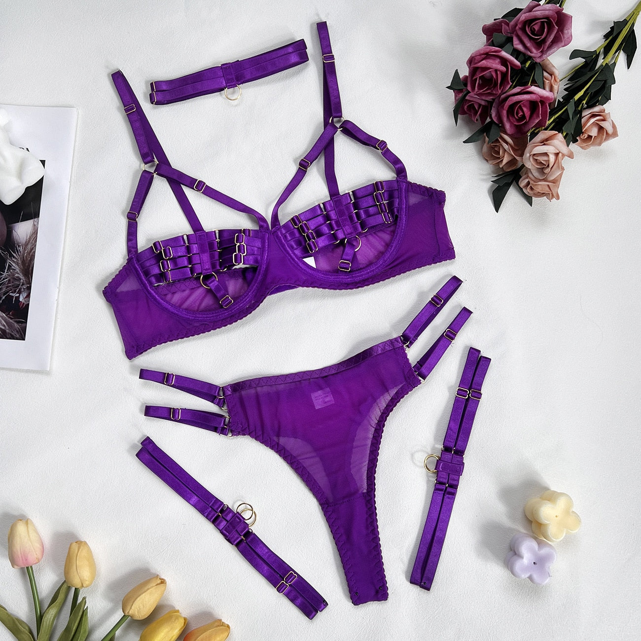 Sexy Lingerie Naked Women Without Censorship 5-Piece Sexy Costume Hollow Underwear Uncensored Sensual Open Bra Outfits