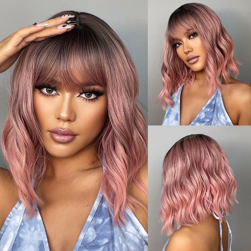 Grey Wavy Bob Wigs With Bangs Short Blonde Wavy Bob With Dark Roots