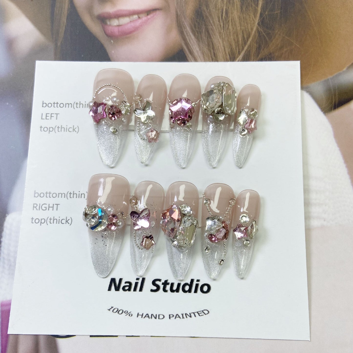 Sea Salt style Crystal Illusion Fake Nail Translucent Bottom Rhinestone Fingertip Clear Long Almond Handmade Wearable False Nail