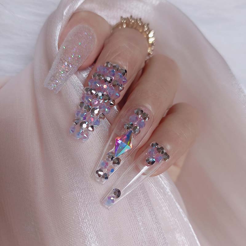 24pcs luxury jewelry long ballet coffin fake nails crystal diamond Transparent