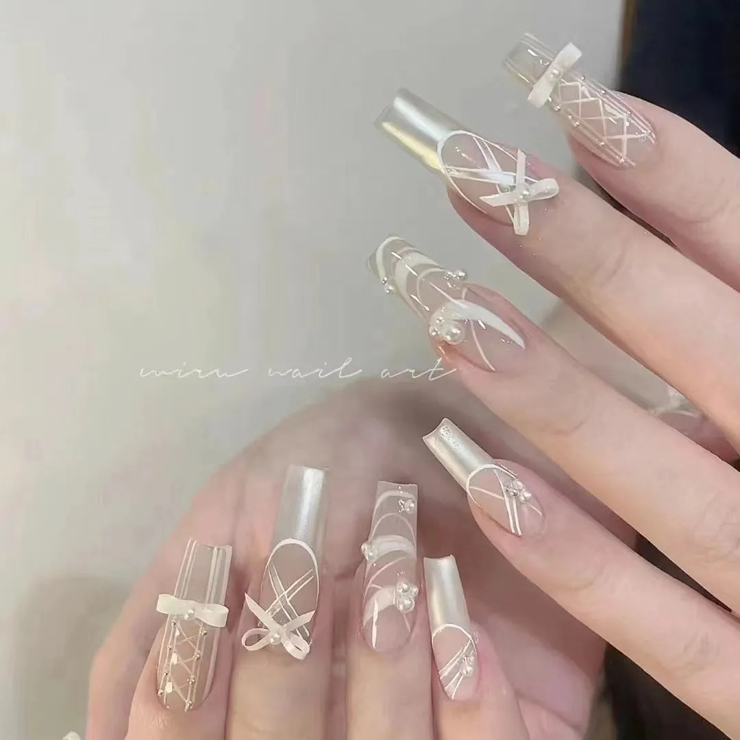 10 Piece For Set White Bow French Style fake nail patch Fairy Dreamy Cute Long T False Nail Art Finished Press On Wearable Nail