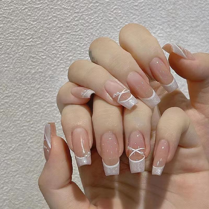 10 Piece For Set White Bow French Style fake nail patch Fairy Dreamy Cute Long T False Nail Art Finished Press On Wearable Nail