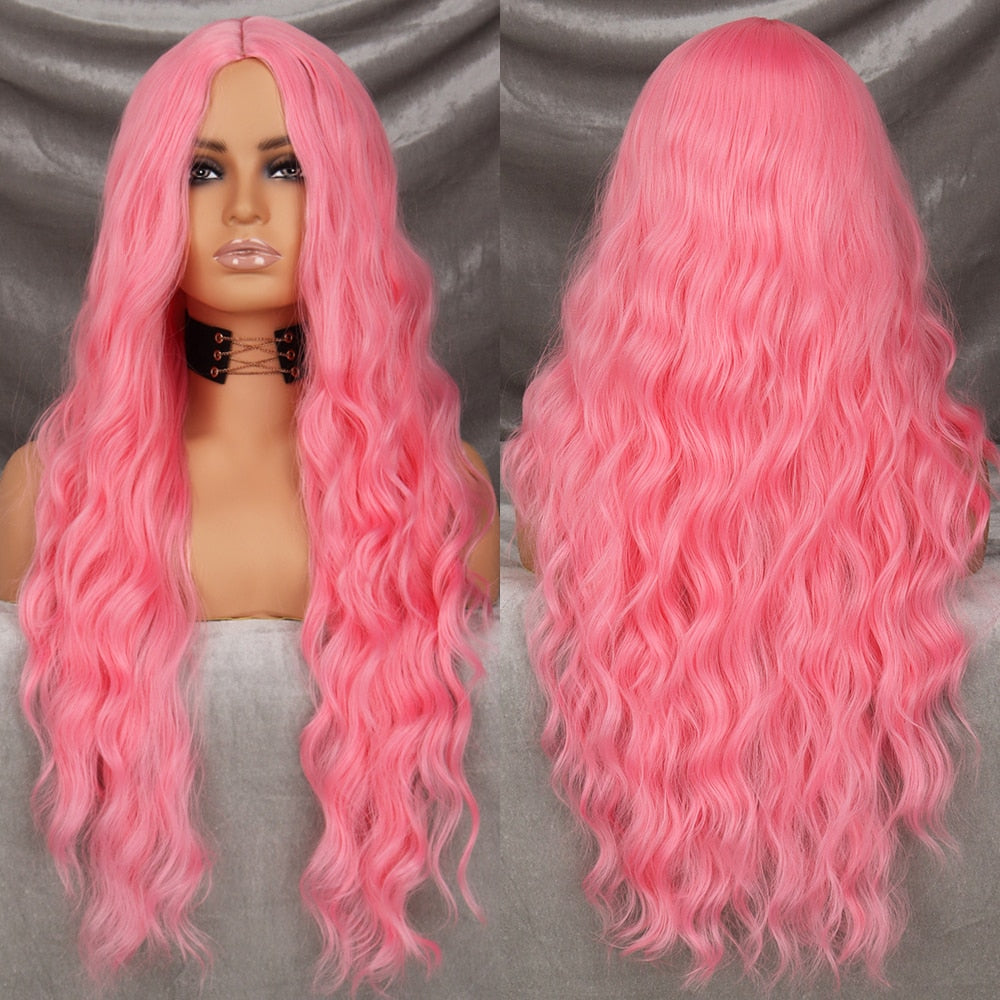 Long Wavy Green Synthetic Wig Women's Heat-Resistant Natural Half Part Cosplay Party Lolita Red Black Pink Wig