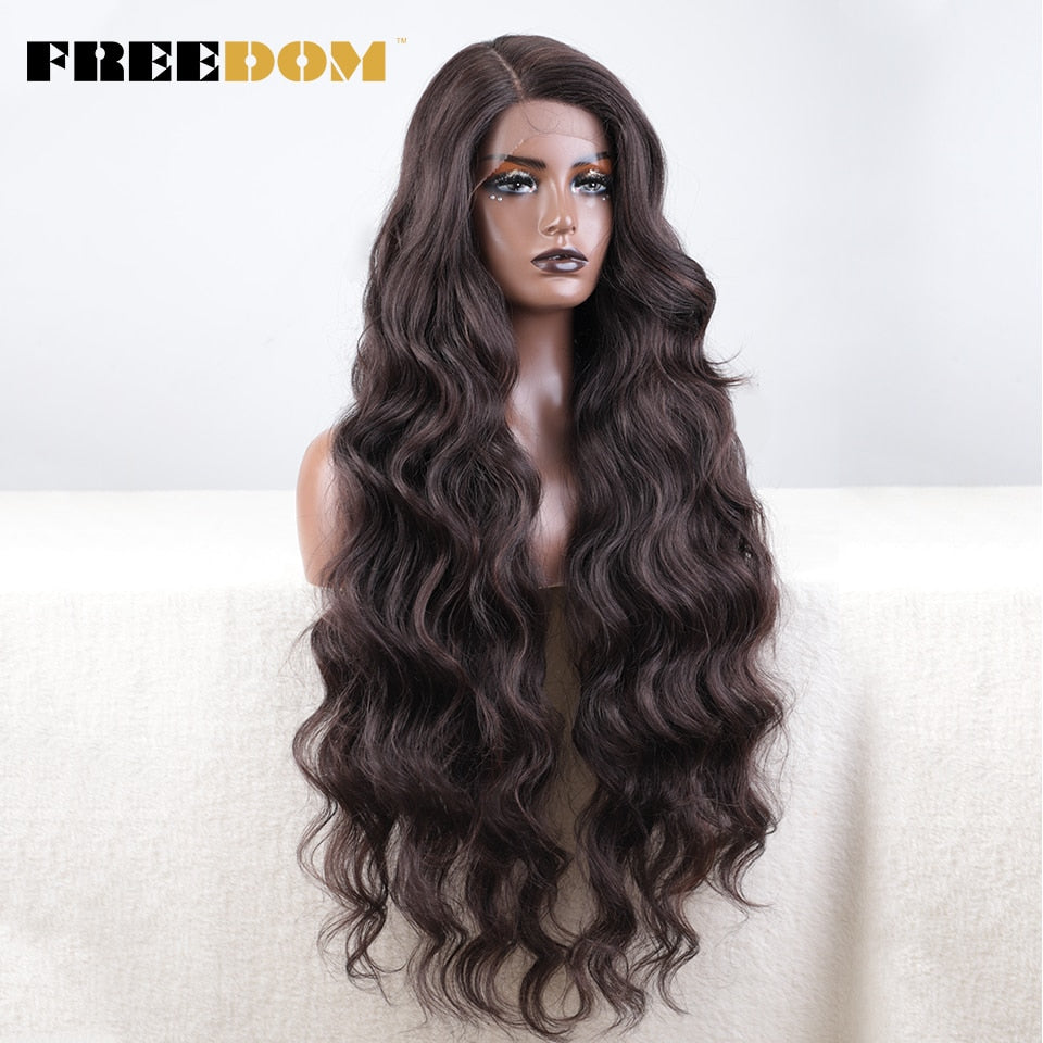 Synthetic Lace Wigs For Black Women Super Long Body Wavy Side Part Lace Wig Brown Ombre Blue Cosplay Wigs Heat Resistant