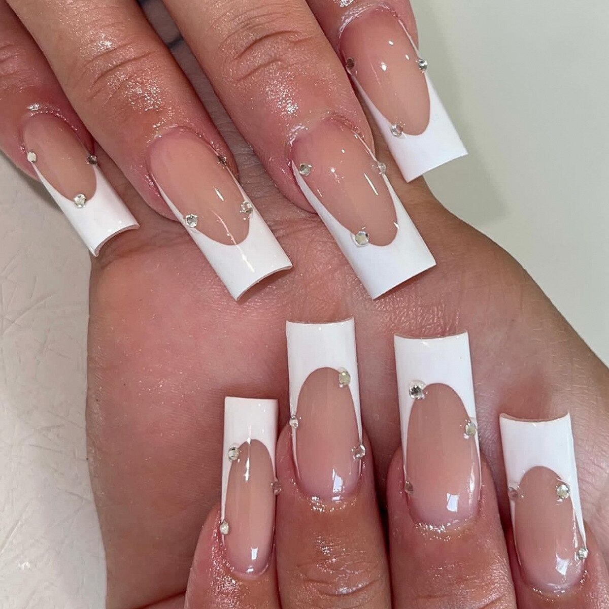 24Pcs Wearable False Nails with glue Long Ballerina Pink Press On Nails French Full Cover Coffin Fake Nails tip with rhinestones