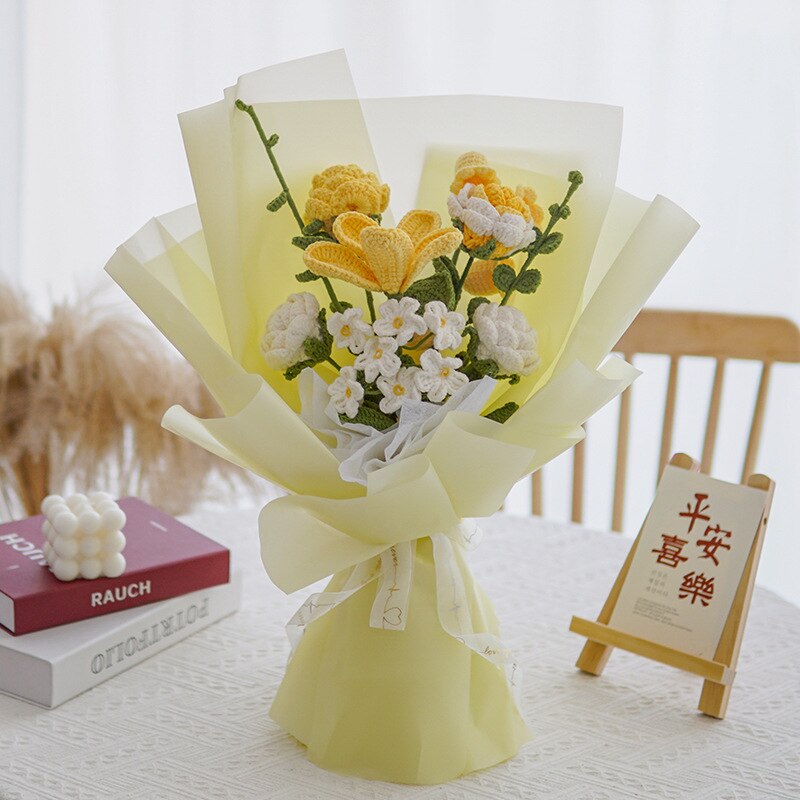 Knitting Flowers Rose Tulip Artificial Fake Flowers Bouquet Wedding Decoration Hand-woven Home Decorate Knit Fake Flower Gifts