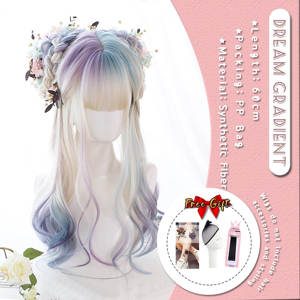Extra Long Curly Hair with Bangs Cosplay Party Lolita Synthetic Wigs Heat Resistant Fiber