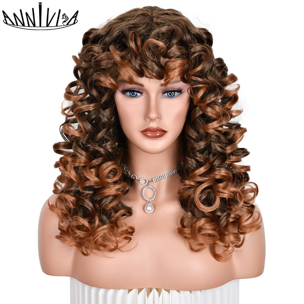 Red Brown Curly wigs with Bangs Natural Synthetic Long Wavy Wigs for Women Afro Cosplay Daily Heat Resistant Hair Wig