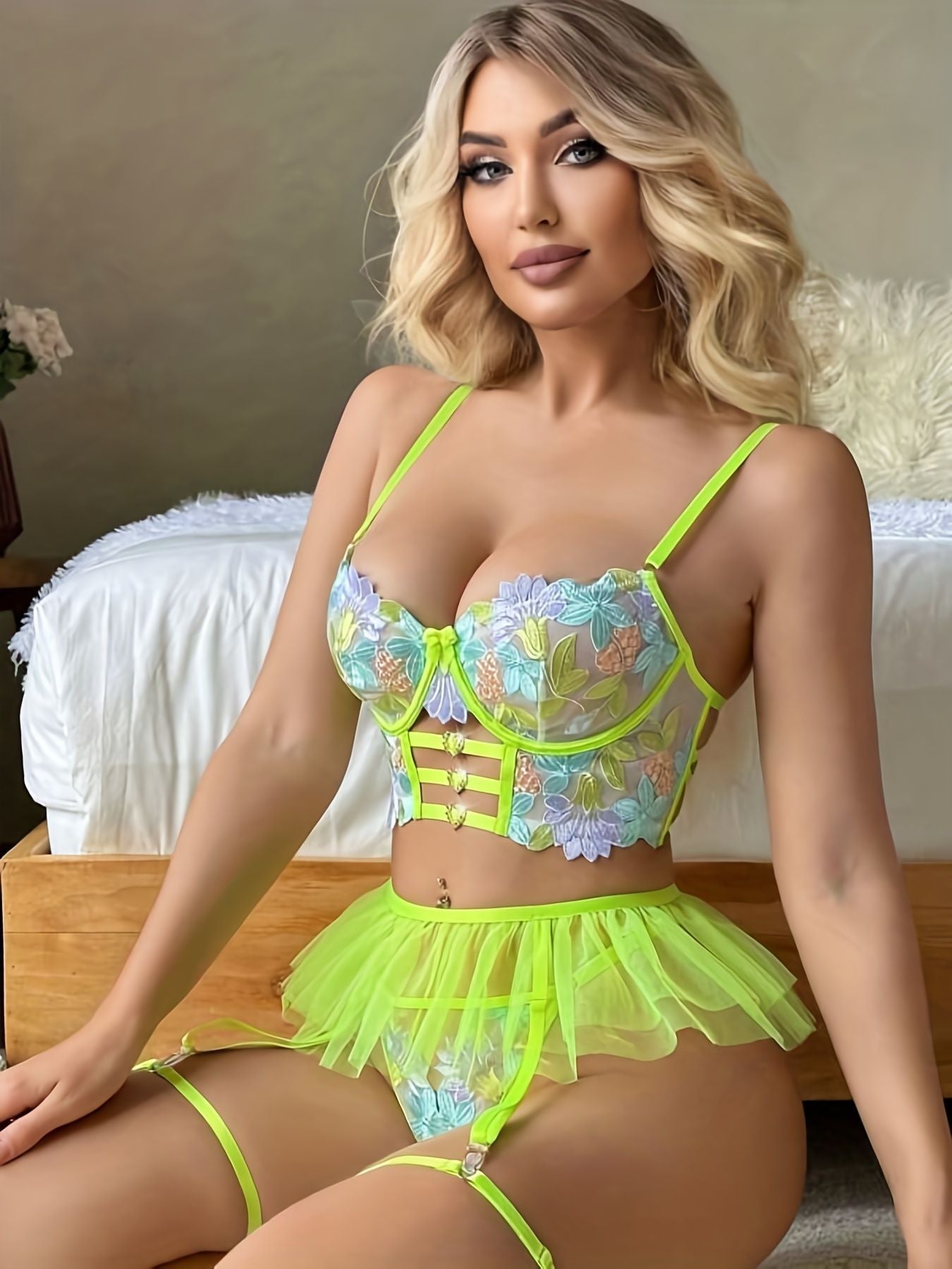 Ruffle Erotic Lingerie Floral Embroidery Brief Sets Fancy Underwear Bra Kit Push Up Delicate Tulle Garter Thong Outfit